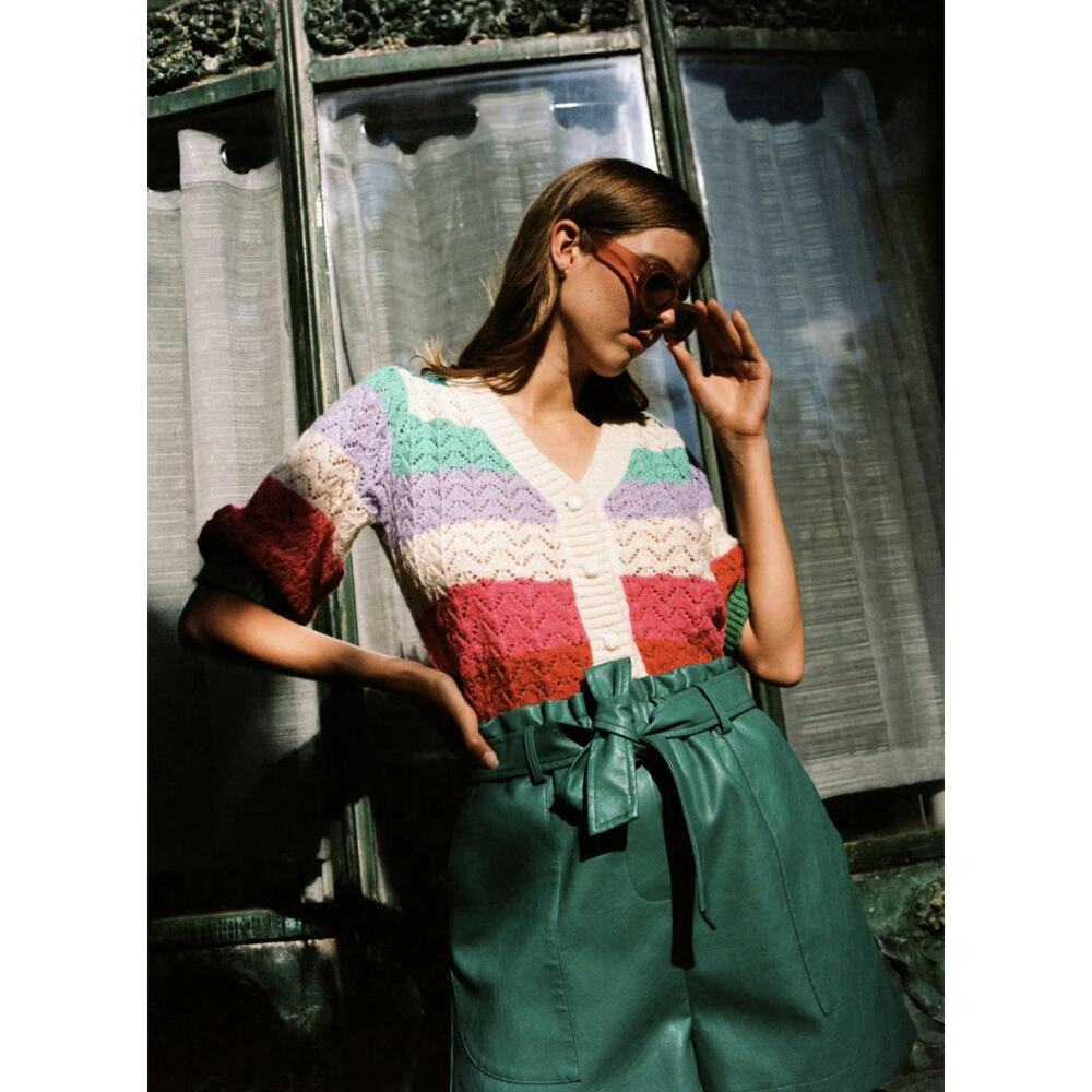 NWT FRNCH Evelyne Short Sleeved Tiered Multicolor Colorblock Cardigan Retro Sz L